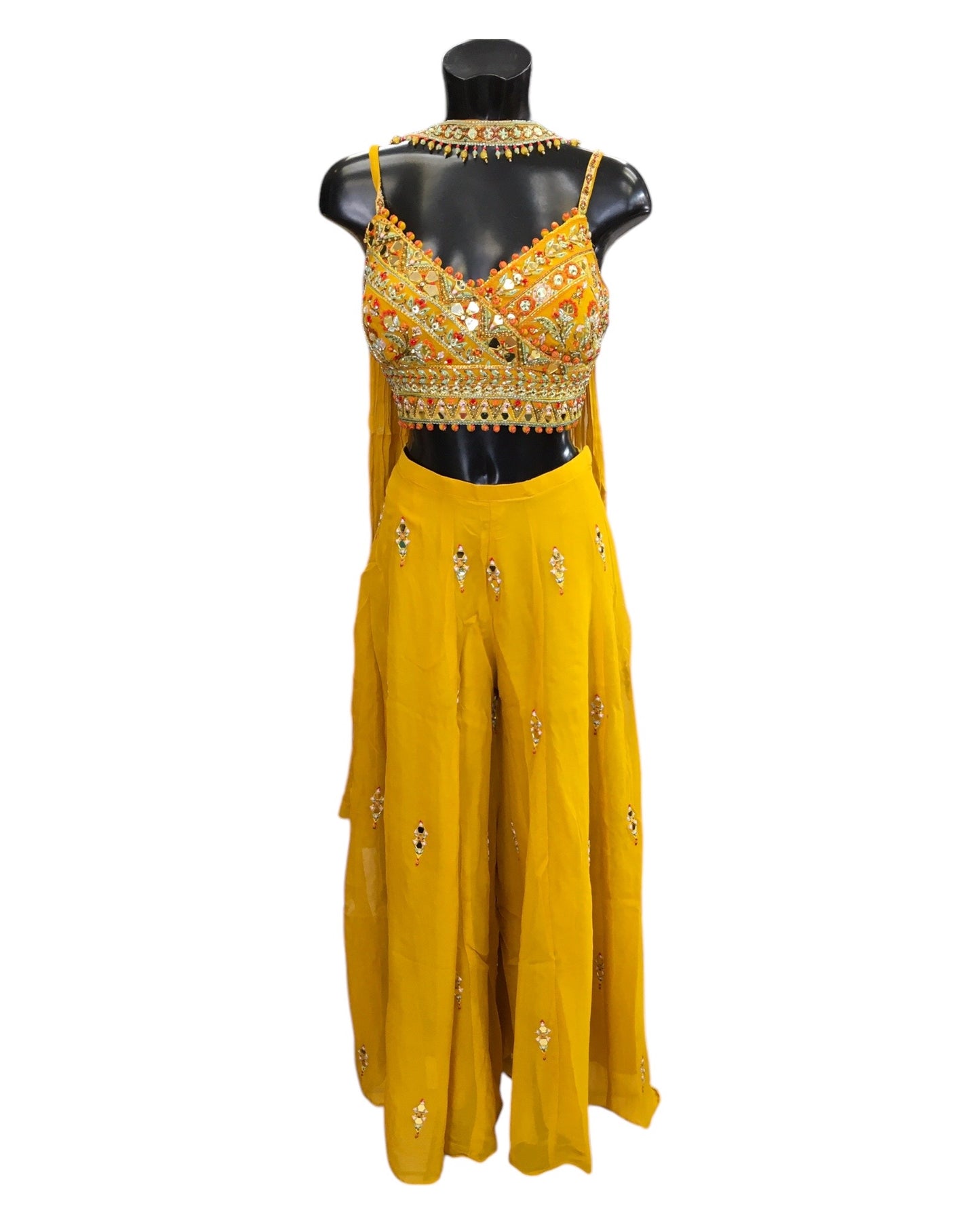 Haldi Yellow - Designer Ladies Short Top Palazzo Trousers Suit - Size 12 (38") - VMK POOJA CP