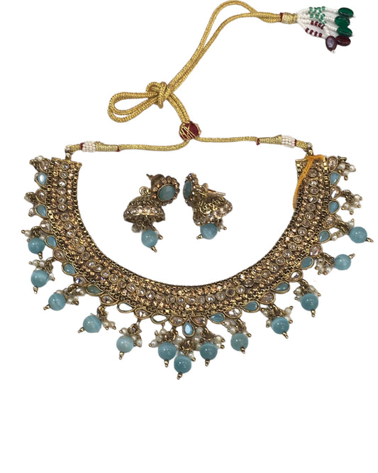 Sky Blue - Medium Size Antique Gold Finish Necklace Set with Earrings - HR1014 KK 0424
