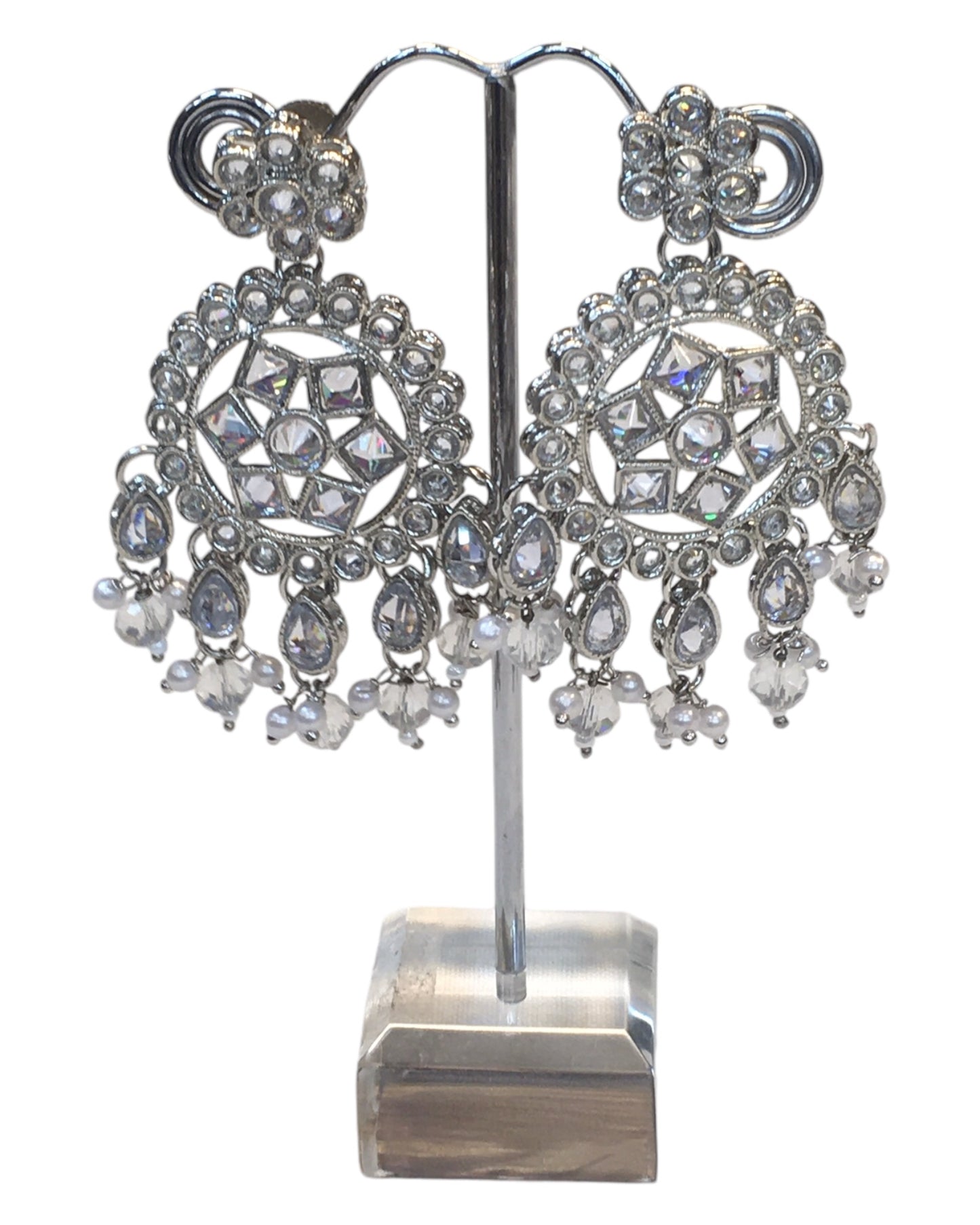 Clear - Large Size Silver Finish Long Necklace Set with Earrings - RZ13 11KT24