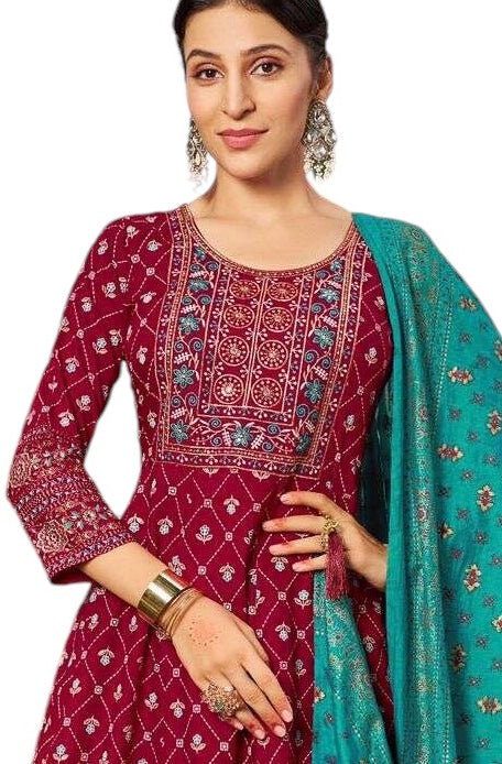 Maroon - Cotton Block Printed Long Dress with Dupatta - Available in Sizes 14(40") & 20 (46") - BH1005 KK 0924