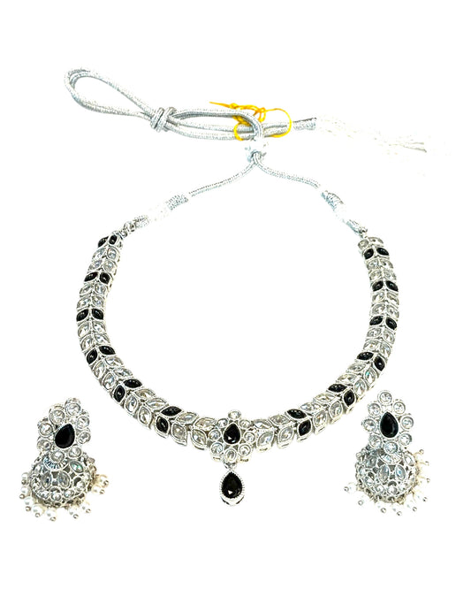 Black - Small Size Silver Finish Necklace Set with Earrings - SJ05 08C25