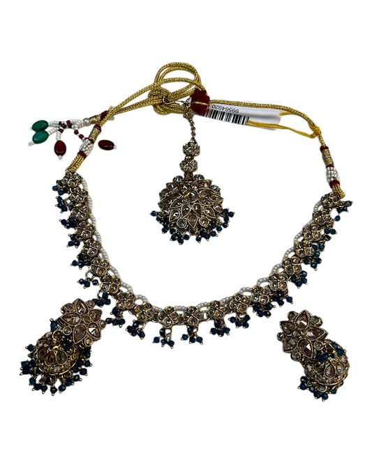 Blue - Medium Size Antique Gold Finish Necklace Set with Earrings & Head Piece - RAK436 04A26