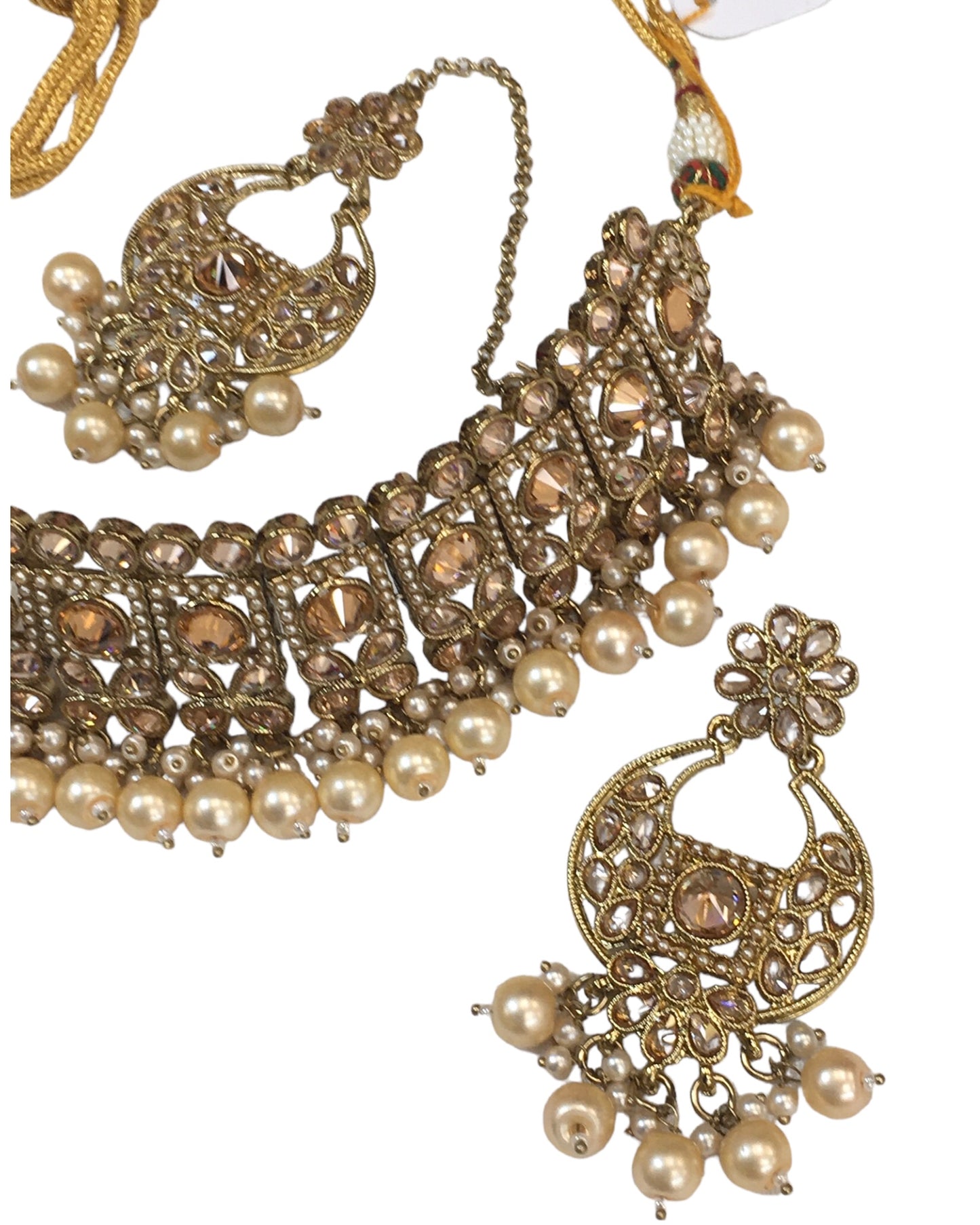 Gold / Neutral - Large Size Antique Gold Finish Necklace Set with Earrings - VC1553 KV 0424