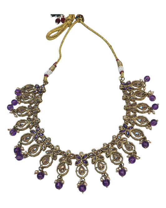 Purple - Large Size Antique Gold Finish Necklace Set with Earrings - AV7783 11KK24