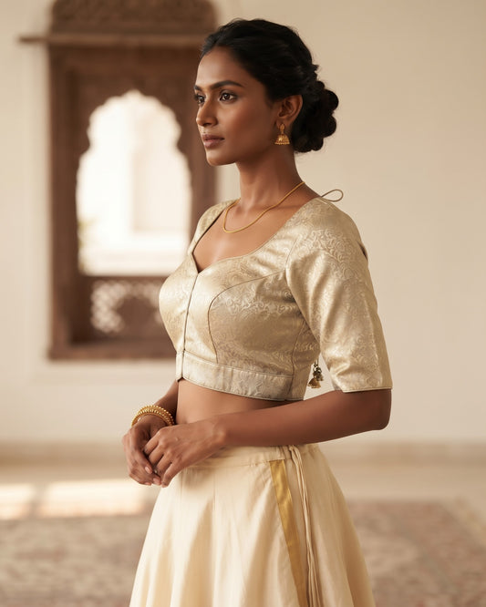 Size 38" / UK 12 - Gold - Banarasi Brocade Saree Blouse with Elbow-Length Sleeves - UK Stock - With Margin inside - VAM1358 - H