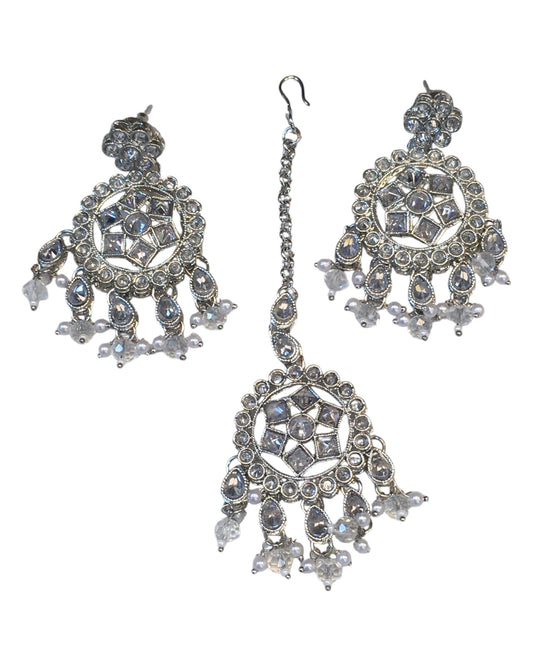 Clear - Large Size Silver Finish Long Necklace Set with Earrings - RZ13 11KT24