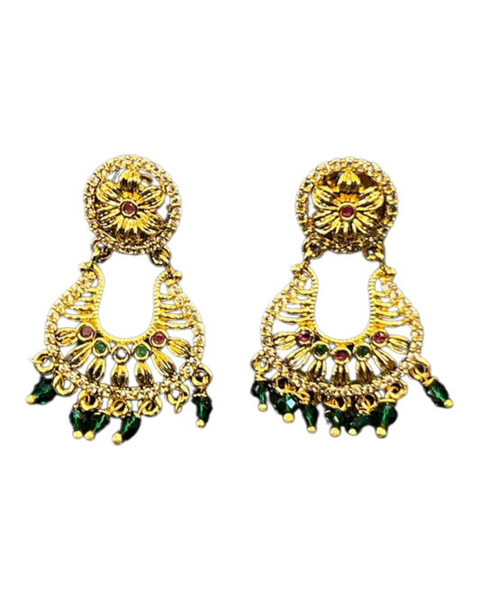 Green - Medium - Gold Finish Traditional Earrings - Bollywood - Weddings - AE2603 T