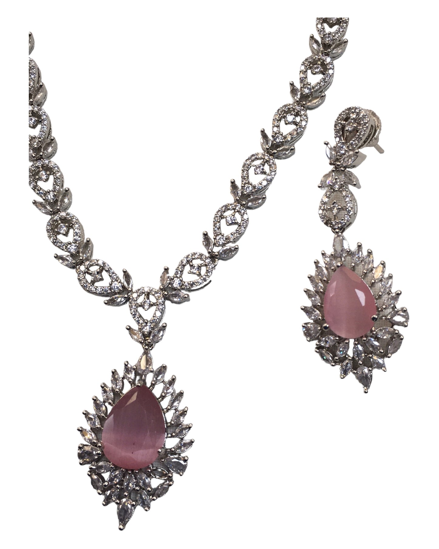 Pink - Medium - Silver Finish Necklace Set with Earrings - AE2406 A 0724