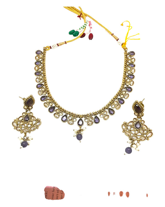 Purple - Small Size Antique Gold Finish Necklace Set with Earrings - Bollywood - AE2518 08A25