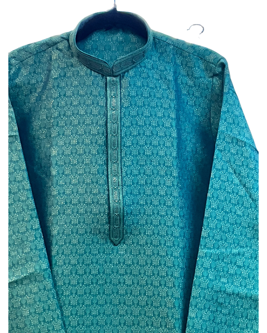 Turquoise Blue - Men’s Embroidered Jacquard Kurta Set with Trousers - UK Stock - Weddings / Walimas , Sangeet, Diwali, Eid, Mehndi / Henna - VEE2725 VK