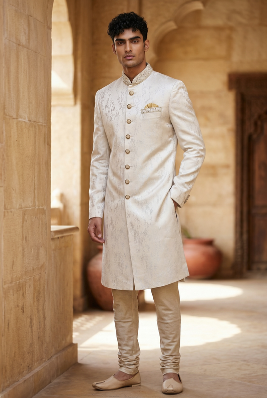 Mens Stunning Self Brocade Cream Gold Sherwani with Trousers - CS-JP033PY 0322