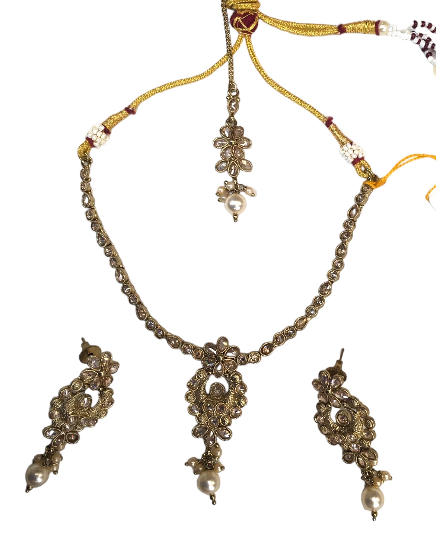 Gold / Neutral - Small Size Antique Gold Finish Necklace Set with Earrings - SLV45 Ap 0424