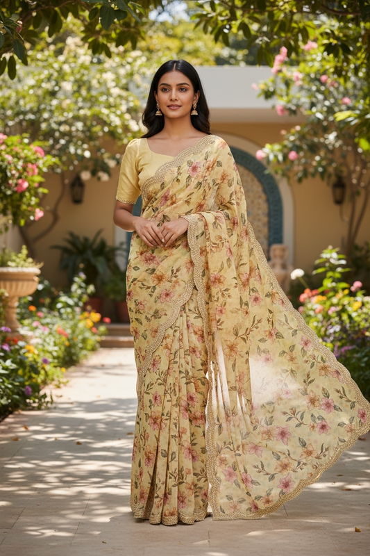 Yellow - Printed Crepe Silky Saree with Blouse Piece - UK stock - 24hr Dispatch - RS2527 TJ