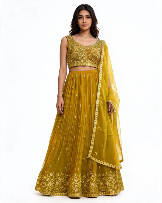 Size UK 14 (40" Bust) Adjustable to Size 16 - Sunny Yellow - Banarasi Silky Lehenga Set - Mehndi / Sangeet / Bridesmaids / Weddings / Garba - UK Stock - 24h Dispatch - JF10520 05PV26