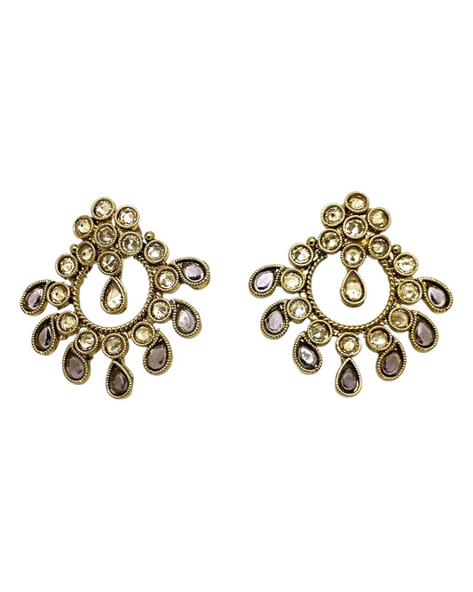 Lilac - Small Size Antique Gold Finish Necklace Set with Earrings - Bollywood - AE2519 08C25