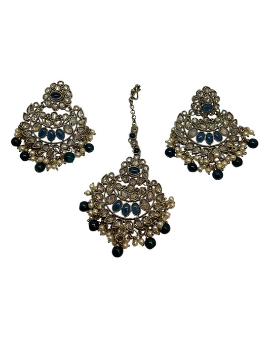 Blue - Large Size Antique Gold Finish Necklace Set with Earrings & Head Piece - Bollywood - AE2514 08KY25