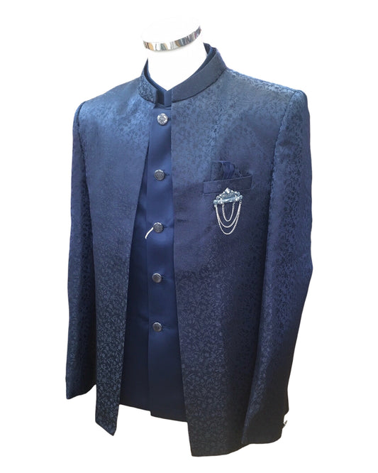 PREMIUM Slim Fit Mens Navy Blue BandhGala / Prince / Chinese Collar Open Jacket with inside Waistcoat- Fantastic Fit - CS2407 JP 0524