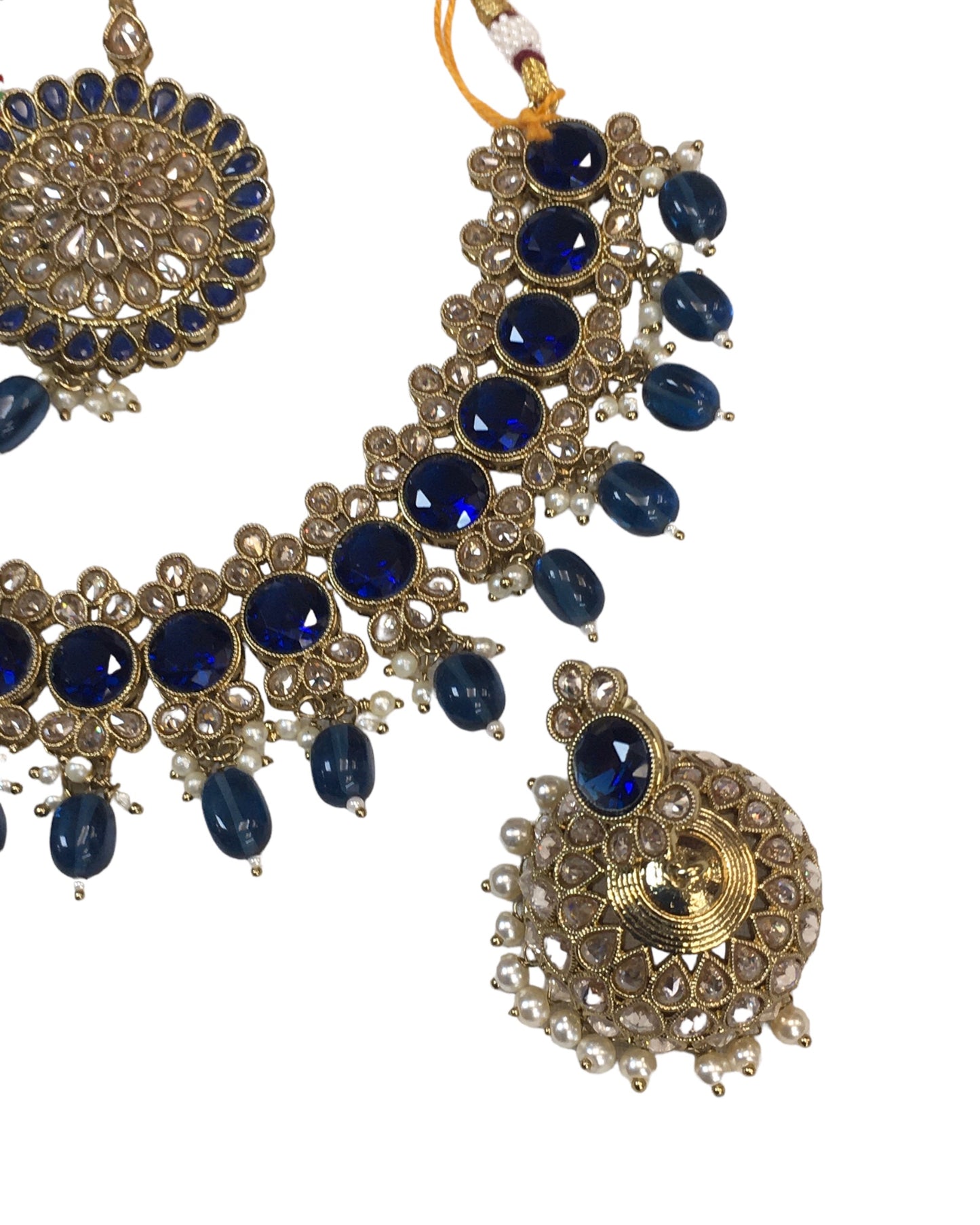 Blue - Large Size Antique Gold Finish Necklace Set with Earrings - SV2405 KJ 0424