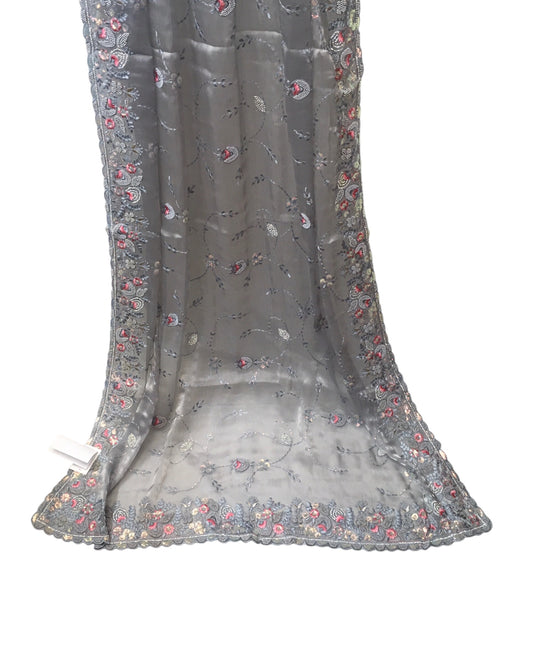 Dark Grey - Pastel Sequins Silky Saree with Blouse Piece - MF3764 JY 0824