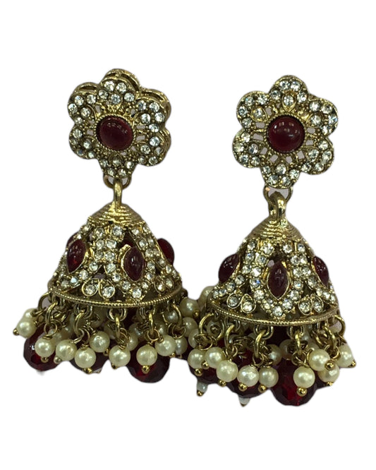 Maroon - Medium - Antique Finish Traditional Zhumki Earrings - Bollywood - Weddings - CH535 V 0724