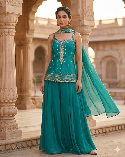 Size 14 (40") - Turquoise - Designer Ladies Medium Length Sleeveless Top Palazzo Trousers Suit - VMK Pahal JR