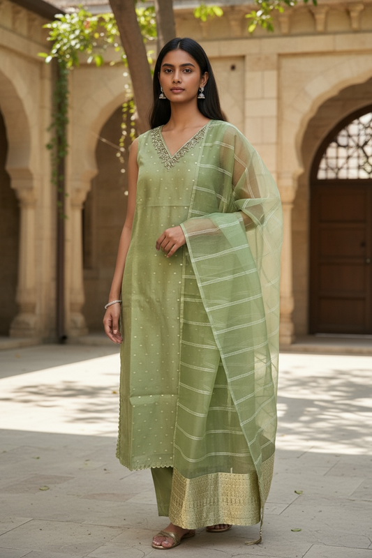 UK 12 / 38" - Sage Green - Cotton Silky Ladies Trousers Suit - Sangeet / Henna / Temple - OC16090 VJ