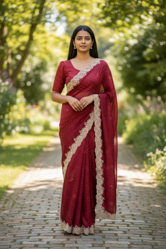 Maroon - Fancy Embroidered Saree with Blouse Piece - UK stock - 24hr Dispatch - SP250633 KA