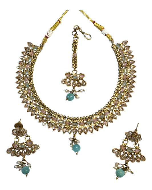 Peach / Sea Green - Antique Gold Finish Necklace & Earrings Set - Bollywood - Weddings - HR1015 11C24