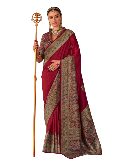 Red - Traditional Block Printed Dupion Silky Saree with Blouse Piece - UK Stock - 2/3 days Delivery 12KC25 K914