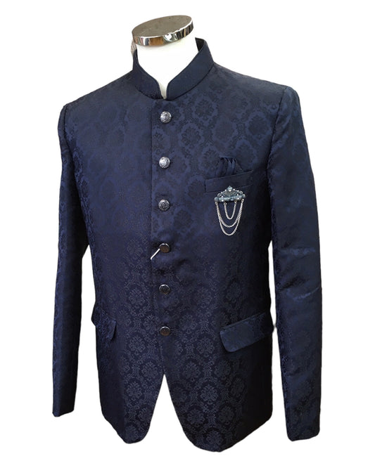 PREMIUM Slim Fit Mens Navy Blue Self Brocade BandhGala / Prince / Chinese Collar Jacket - Fantastic Fit - CS2411 TP 0524