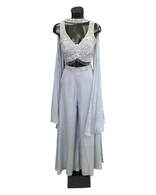 Silver Grey - Designer Ladies Short Top Palazzo Trousers Suit - Size 14 (40") - VMK BADAL PY