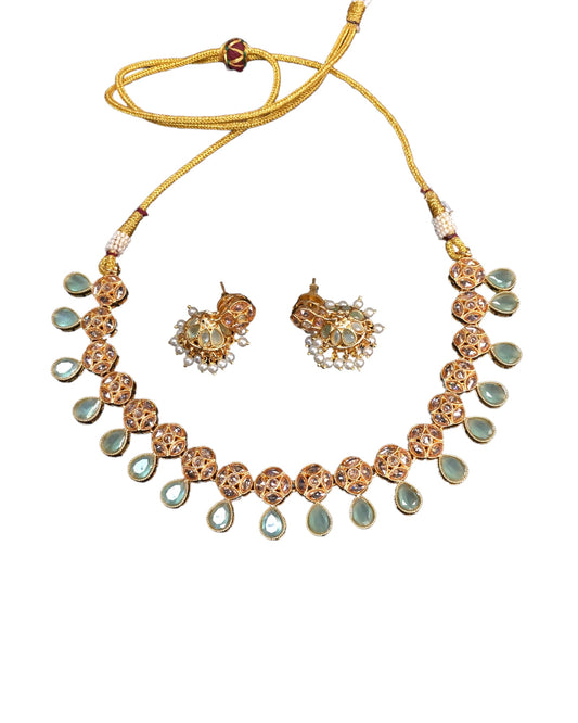 Mint Green - Medium Size Gold Finish Necklace Set with Earrings - TOH2403 Cp 0424