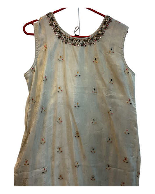 UK 14 / 40" - Light Gold with Yellow Dupatta - Silky Brocade Ladies Trousers Suit - Sangeet / Henna / Temple - KTC241063 VT VA