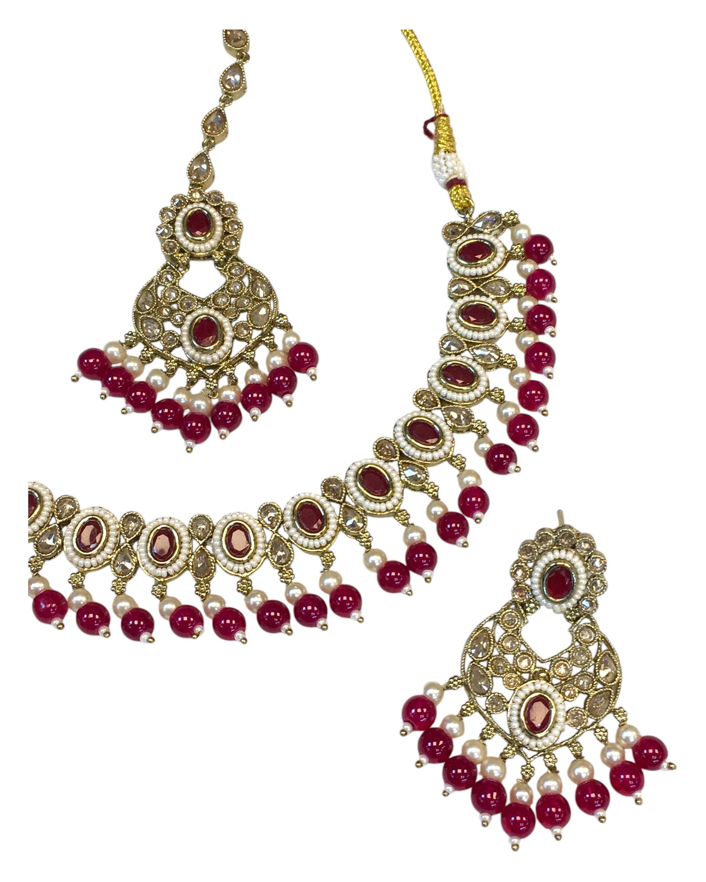 Magenta - Antique Gold Finish Necklace & Earrings Set - Bollywood - Weddings - KAJ996 11KT24