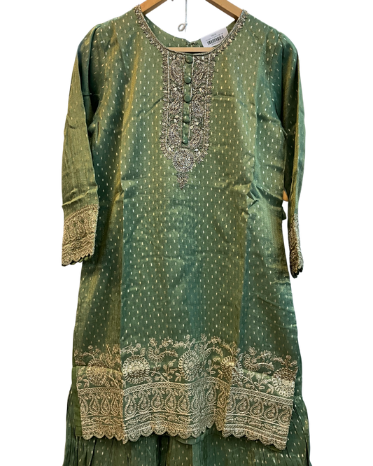 UK 12 / 38" - Sage Green - Ladies Sharara / Palazzo Trousers Suit - UK Stock - Sangeet / Henna / Weddings - HEL6501 JY