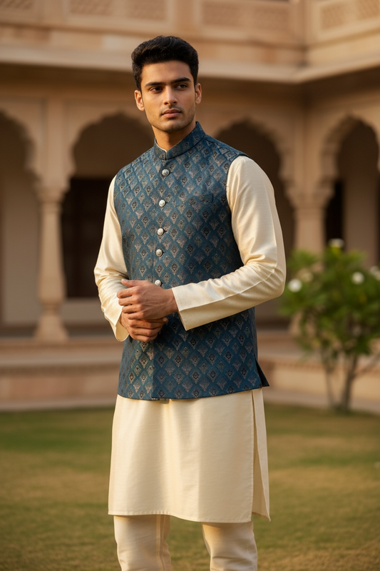 Rich Teal with Contrast Thread Brocade - Premium Mens Waistcoat - VNS-JKT14 10KJ25