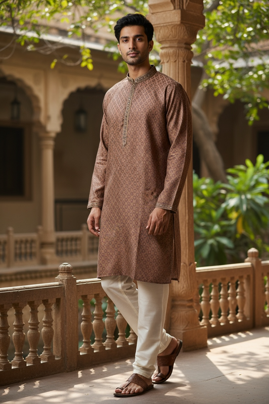 Pink - Banarasi Handloom Brocade Mens Indian Kurta set - UK Stock - Weddings / Walimas , Sangeet, Diwali, Eid, Mehndi / Henna - VEE2433 VR