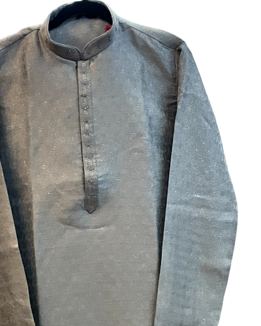 Light Grey / Silver - Men’s Embroidered Jacquard Kurta Set with Trousers - UK Stock - Weddings / Walimas , Sangeet, Diwali, Eid, Mehndi / Henna - VEE2725 VK