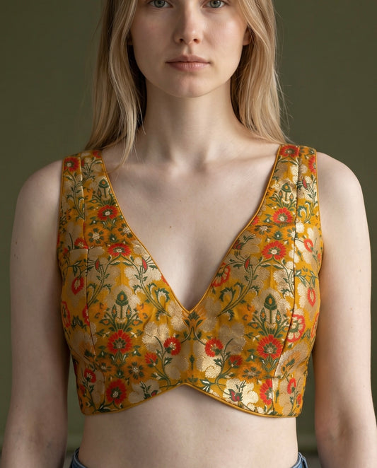 36" / UK 10 - Mustard Yellow - Rich Banarasi Designer Saree blouse with cups, Sleeveless - UK Stock - Quick Delivery - RNK - R1007-KK