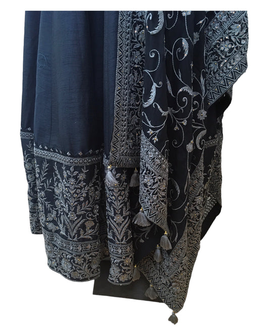 Cotton / Silky Dark Navy Anarakali Long Dress with Grey Embroidery - Size 12 (Bust 38") - Dulhan HY 0724