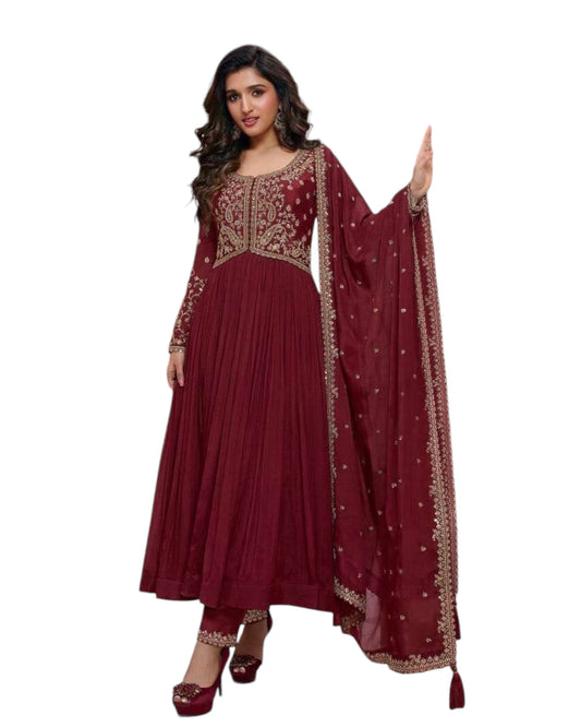 Chiffon - Maroon Anarakali Long Dress with Trousers - Size 10 (Bust 36") - Inside Margin to let out ( 3 to 4")VF66576 TY 1024