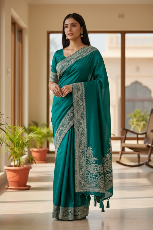 Turquoise - Classic Saree with Thread / Stone Work and Blouse Piece - UK stock - 24hr Dispatch - RS2506 VP