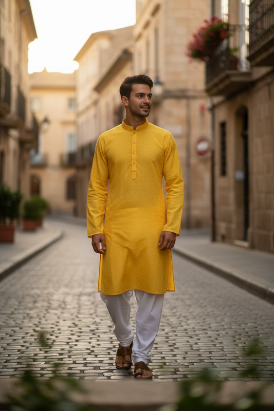 Haldi Yellow - Rich Sequins Lucknowi Chiffon Mens Indian Kurta Set with Smart Pants - Weddings / Walimas , Sangeet, Eid, Mehndi / Henna - SHU2502 KC 0325