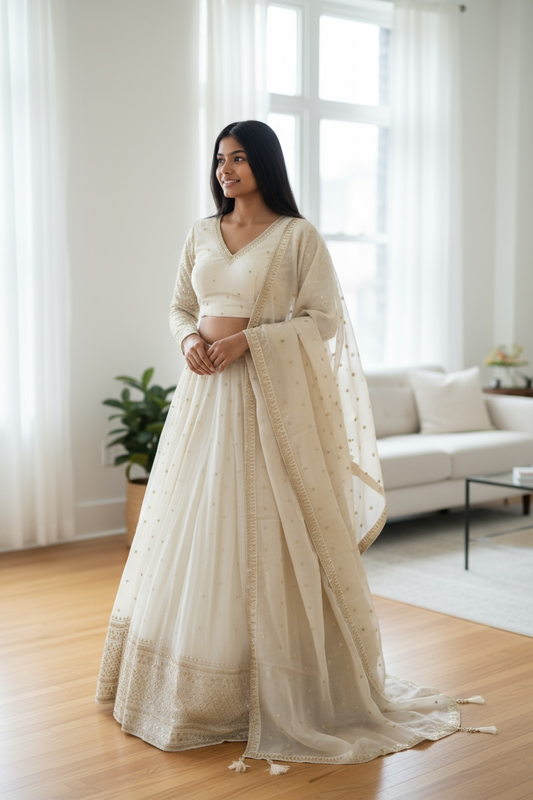 Cream - Long Sleeves, Silky Lehenga Set - Weddings , Sangeet, Henna, Haldi - 24h Dispatch - KTC24338 JP 0624