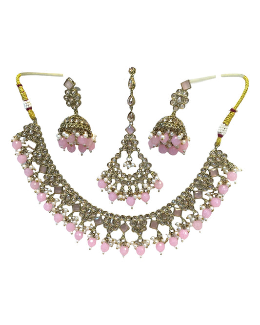 Pink - Antique Gold Finish Necklace & Earrings Set - Bollywood - Weddings - KAJ1035 11KK24