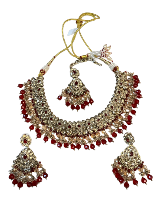 Red / Maroon - Large Size Antique Gold Finish Necklace Set with Earrings & Head Piece - JIG82 04KV26