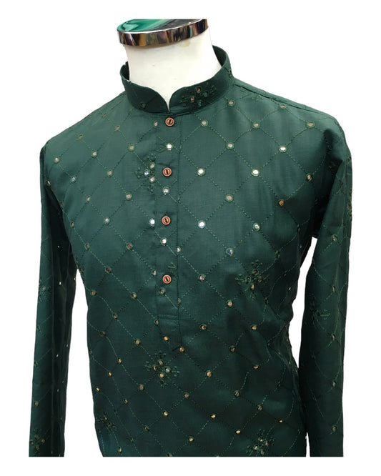 Bottle Green - Linen Mirrorwork Mens Kurta Set - Sangeet Mehendi Haldi - NY2301 KT 1123
