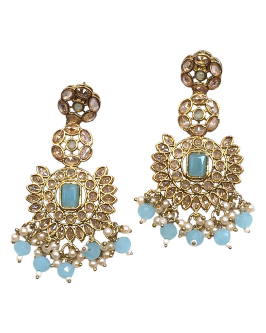 Sky Blue - Large - Antique Gold Finish Traditional Earrings - Bollywood - Weddings - PRI1773  11Tp24