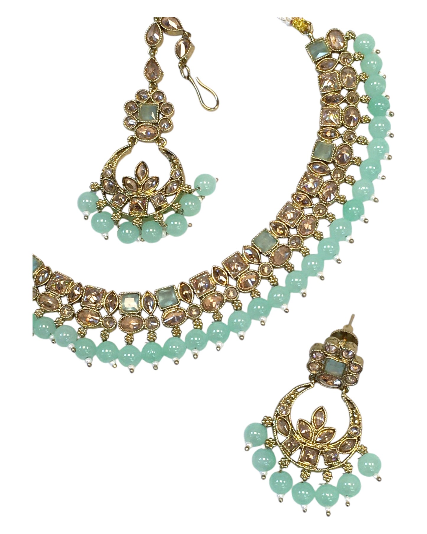 Sea Green - Antique Gold Finish Necklace & Earrings Set - Bollywood - Weddings - KAJ1039 11KK24