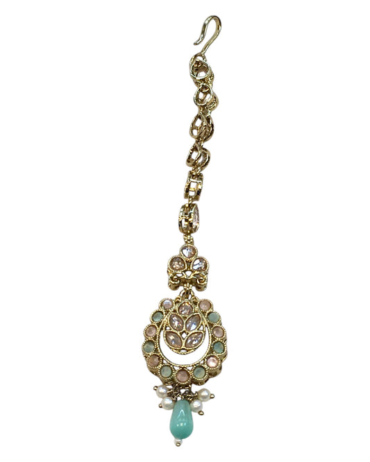 Pink / Mint Green - Antique Gold Finish Medium Size Tika Head Piece - Indian Ladies Fashion Jewellery - AE2435 11Vp24